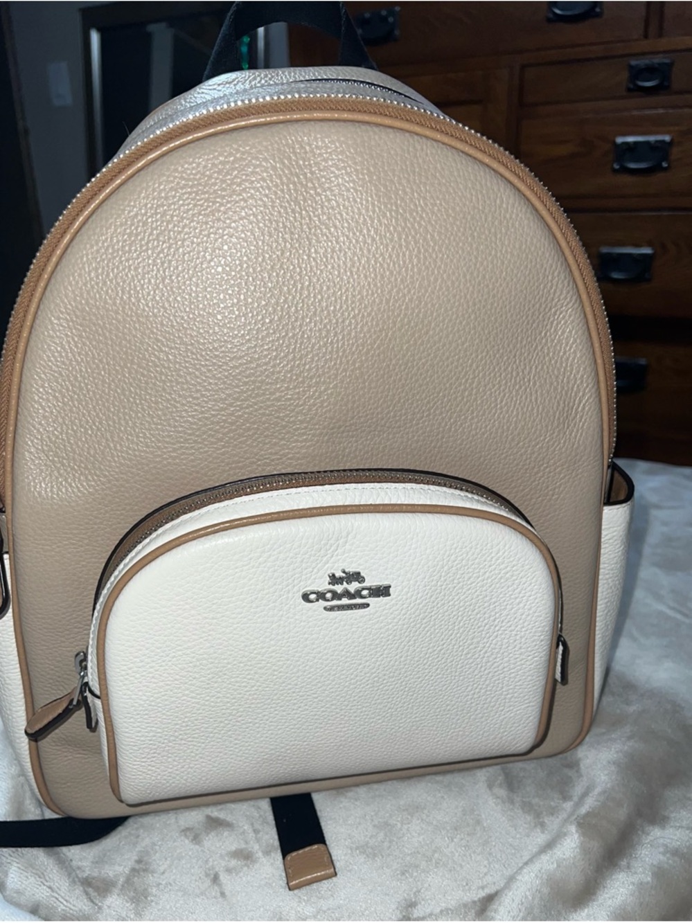 Coach Two-Tone Pebbled Leather Backpack in Beige and White
